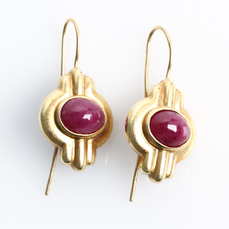 14K Yellow Gold and Ruby Cabochon Dangle Earrings