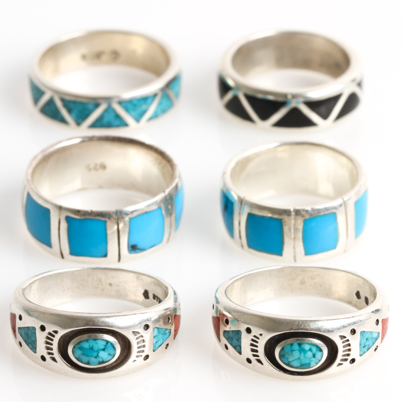 Southwest Inspired Sterling Silver, Turquoise, Onyx, and Coral Bands