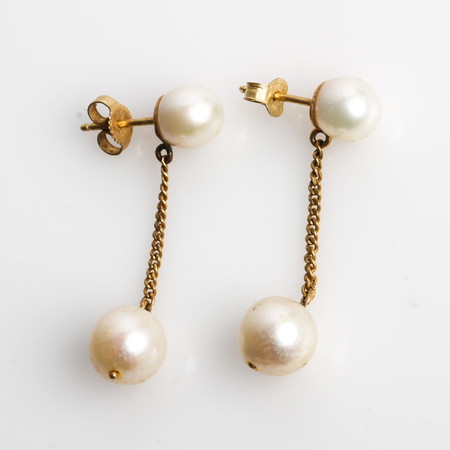 14K Yellow Gold and Cultured Freshwater Pearl Drop Earrings