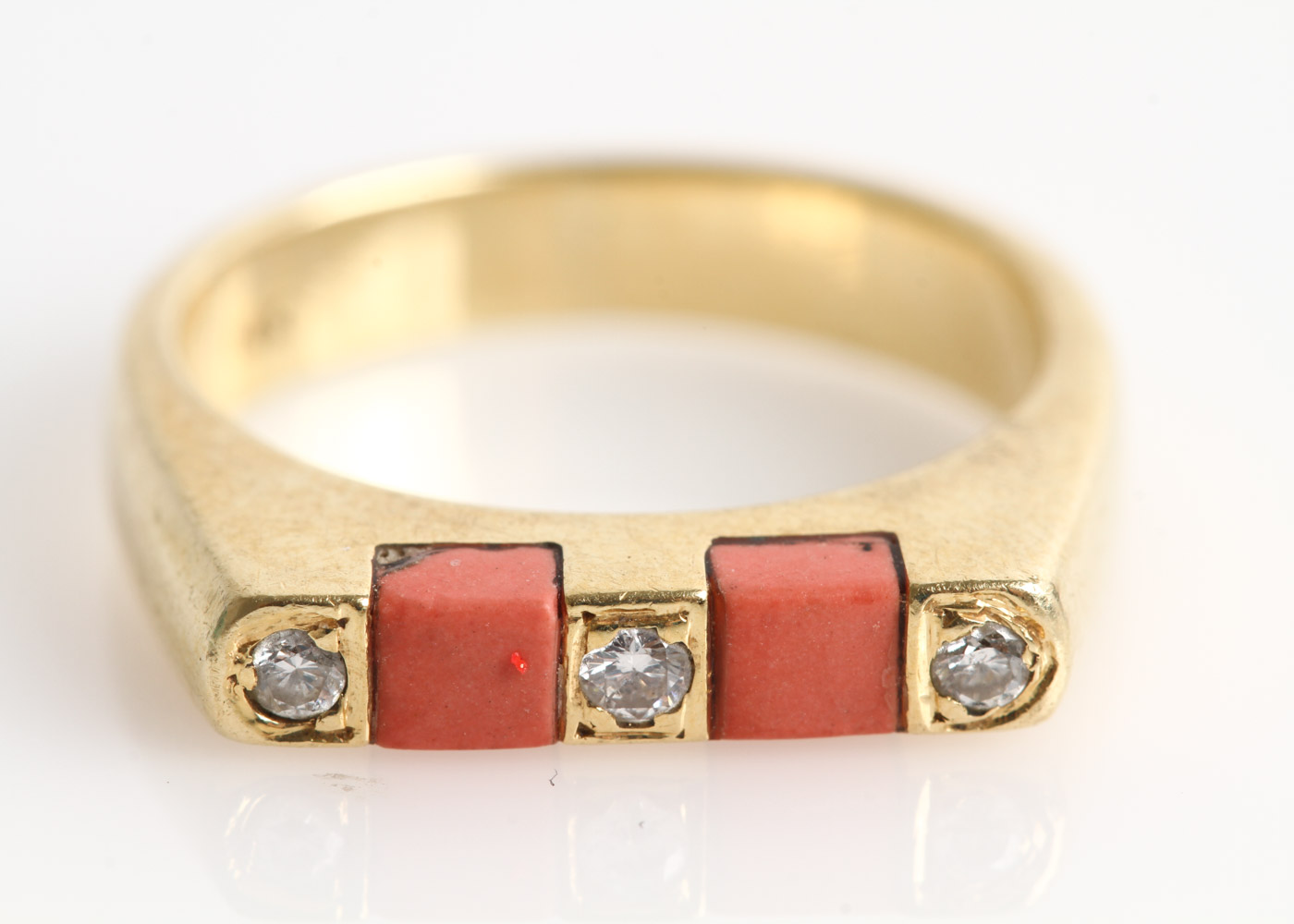 14K Yellow Gold, Diamond, and Coral Flat Top Ring