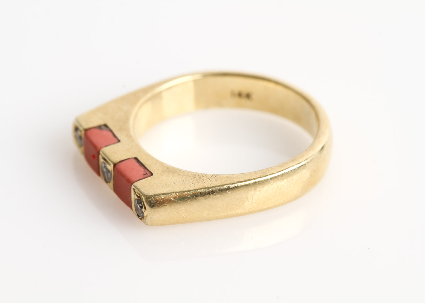 14K Yellow Gold, Diamond, and Coral Flat Top Ring