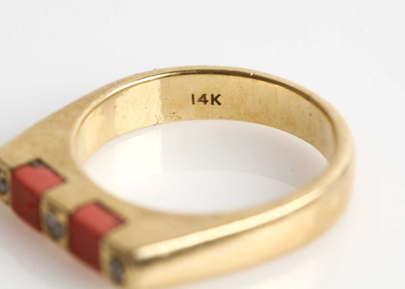 14K Yellow Gold, Diamond, and Coral Flat Top Ring