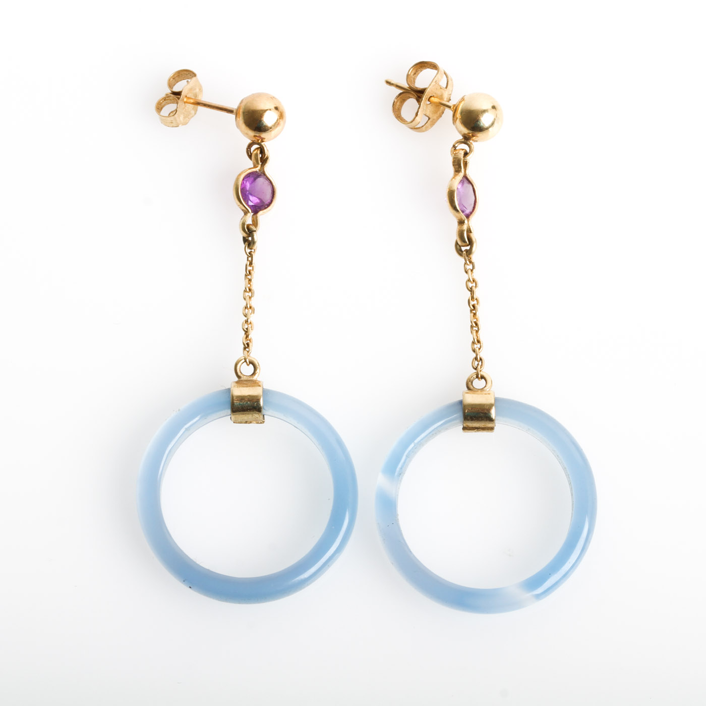 14K Yellow Gold, Blue Chrysoprase, and Amethyst Drop Earrings