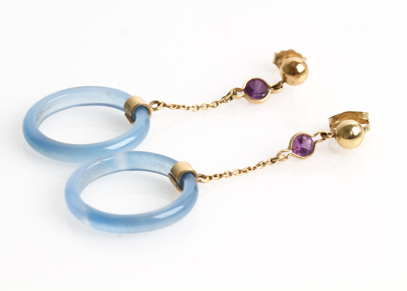 14K Yellow Gold, Blue Chrysoprase, and Amethyst Drop Earrings