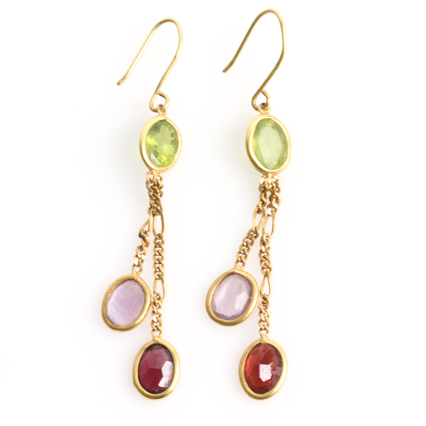 14K Yellow Gold, Peridot, Garnet, and Amethyst Drop Earrings