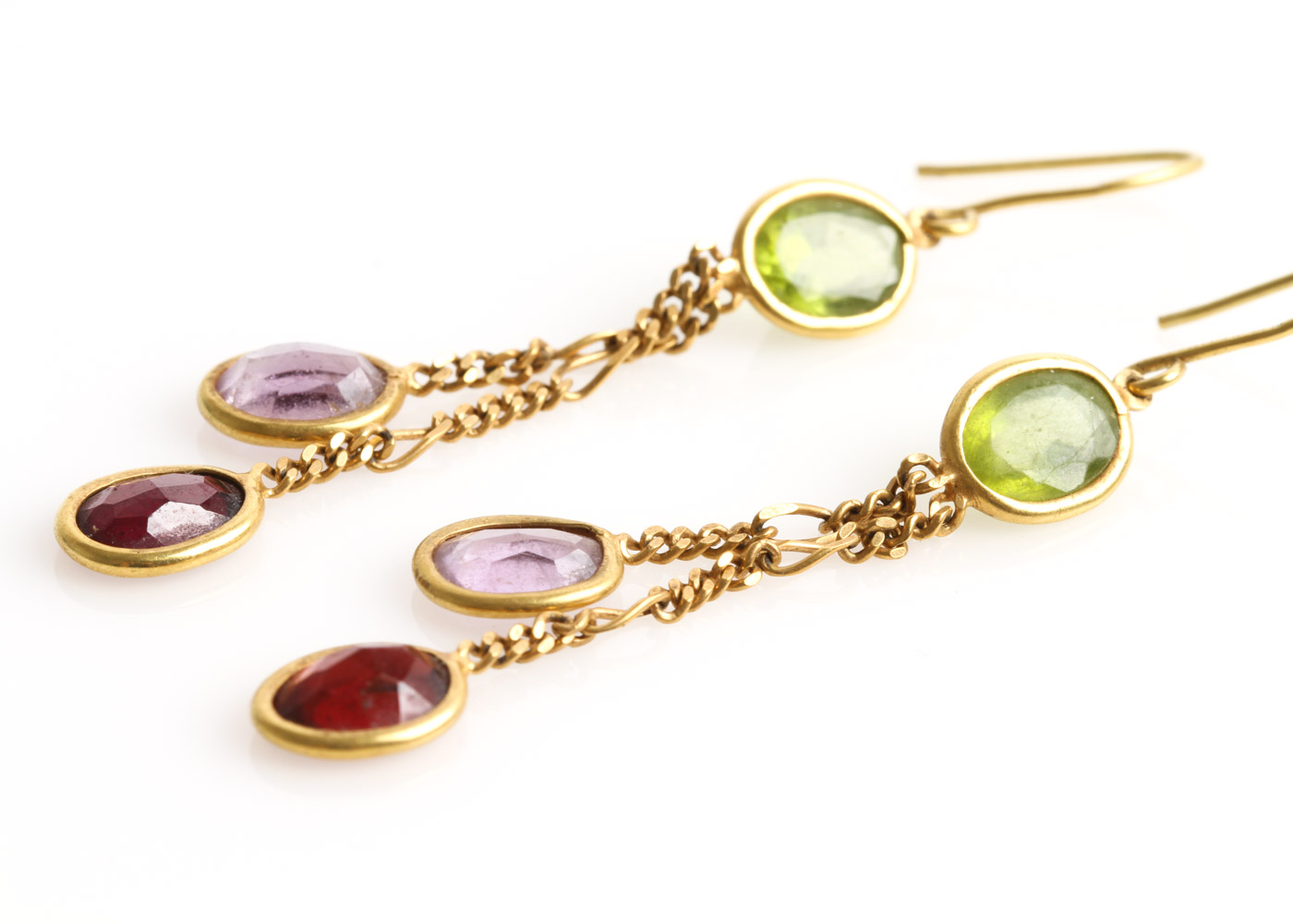 14K Yellow Gold, Peridot, Garnet, and Amethyst Drop Earrings