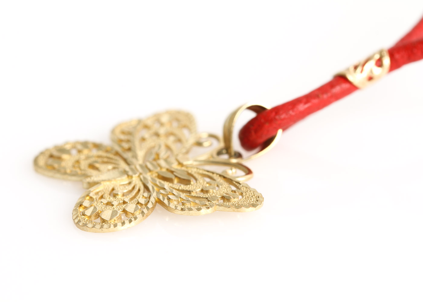 14K Yellow Gold and Red Leather Butterfly Pendant Necklace