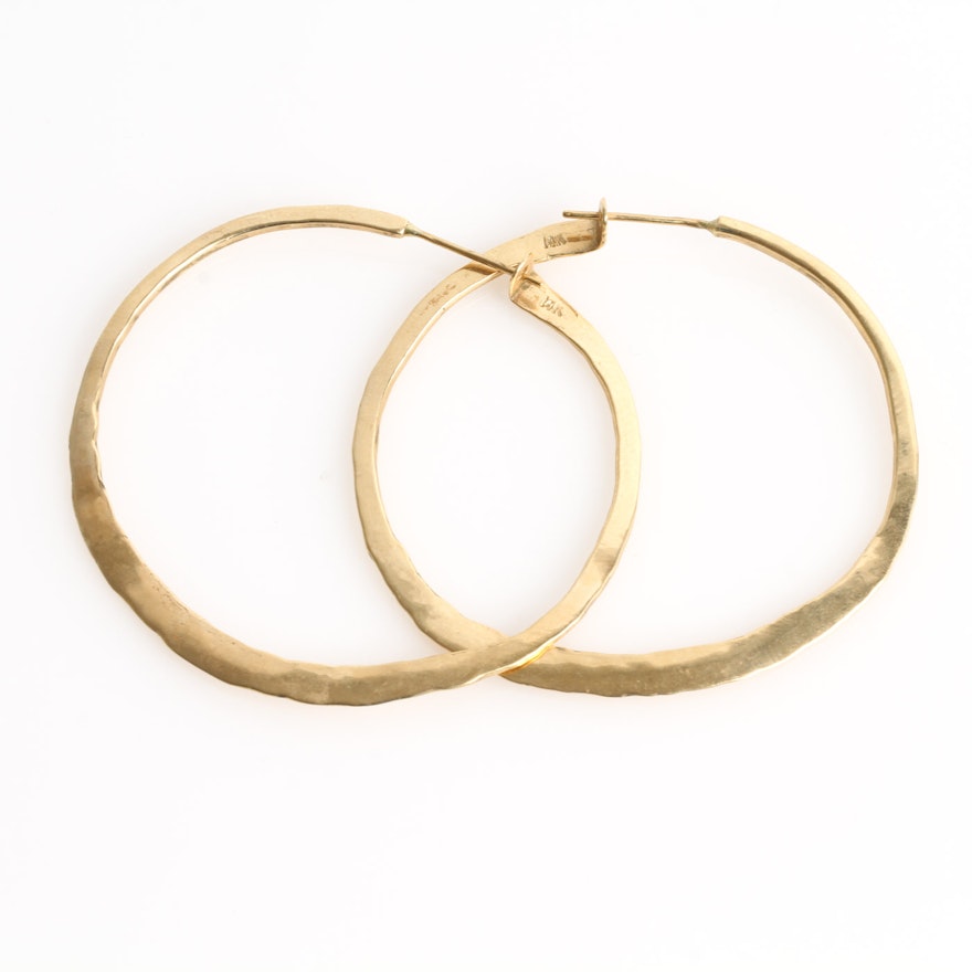 14K Yellow Gold Hammered Hoop Earrings
