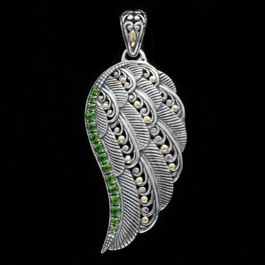 Robert Manse Sterling Silver, 18K Gold and Chrome Diopside Wing Pendant
