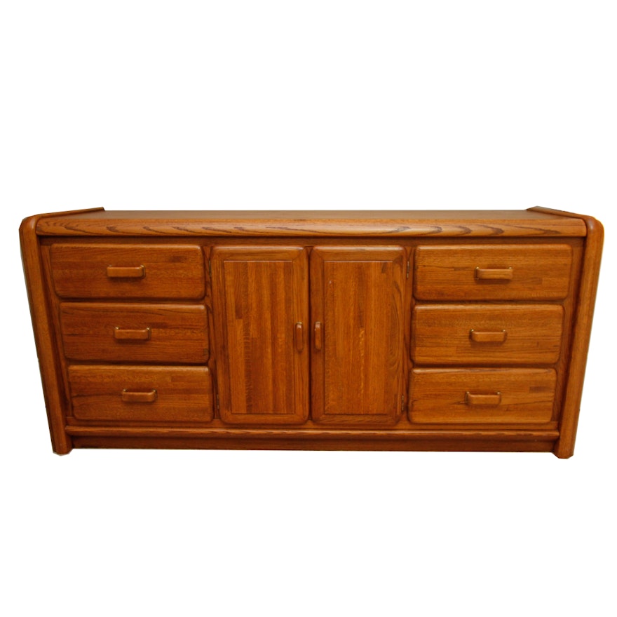 Oak-Veneered Low Dresser With Nine Drawers