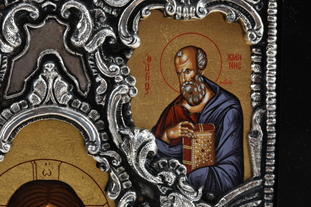 Greek Polychrome Icon with a Sterling Silver Oklad