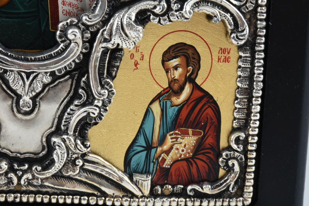 Greek Polychrome Icon with a Sterling Silver Oklad