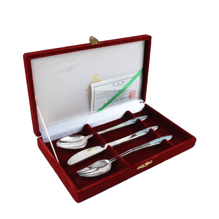 Chinese Pure Silver Serving Utensils in Velvet Lined Case