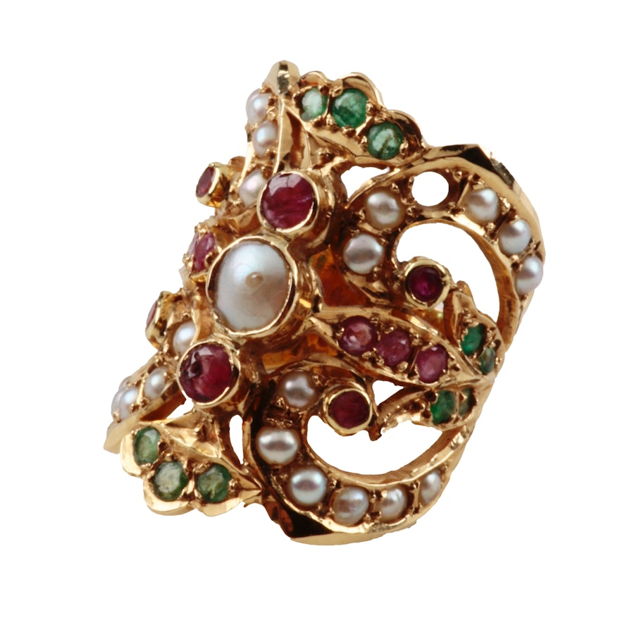 18K Yelllow Gold Pearl, Ruby and Emerald Ring