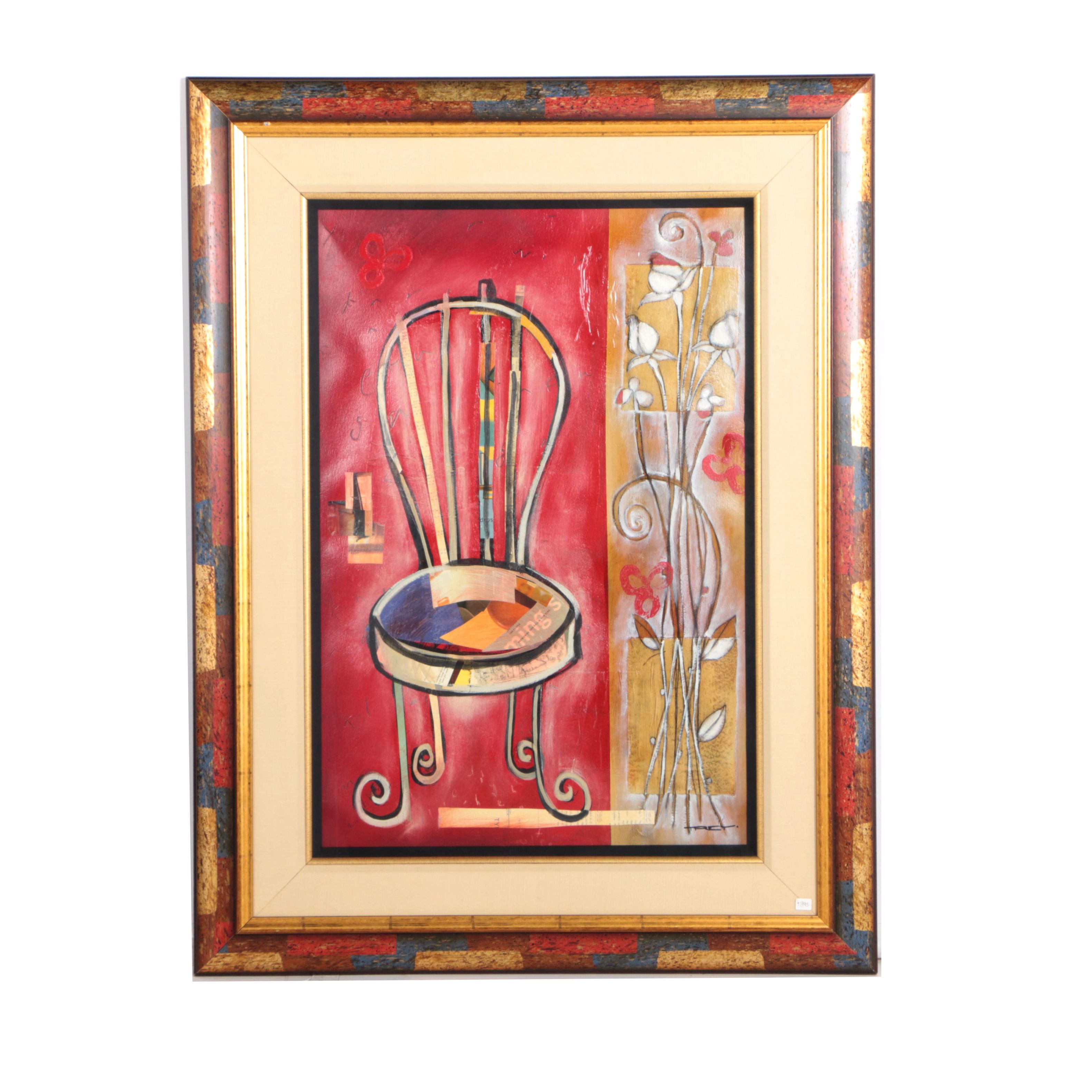 Trey Mixed Media Collage of a Chair and Floral Stand