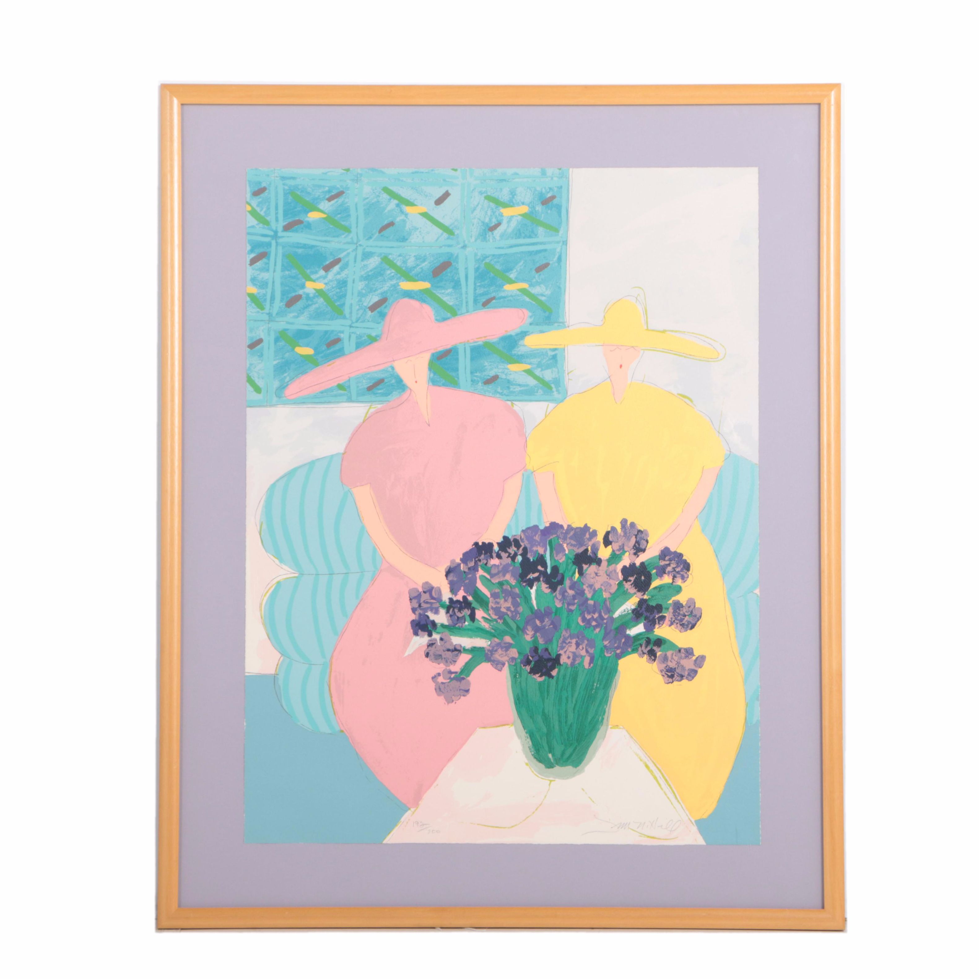 Jim N. Hill Limited Edition Serigraph of Two Women and a Vase of Irises