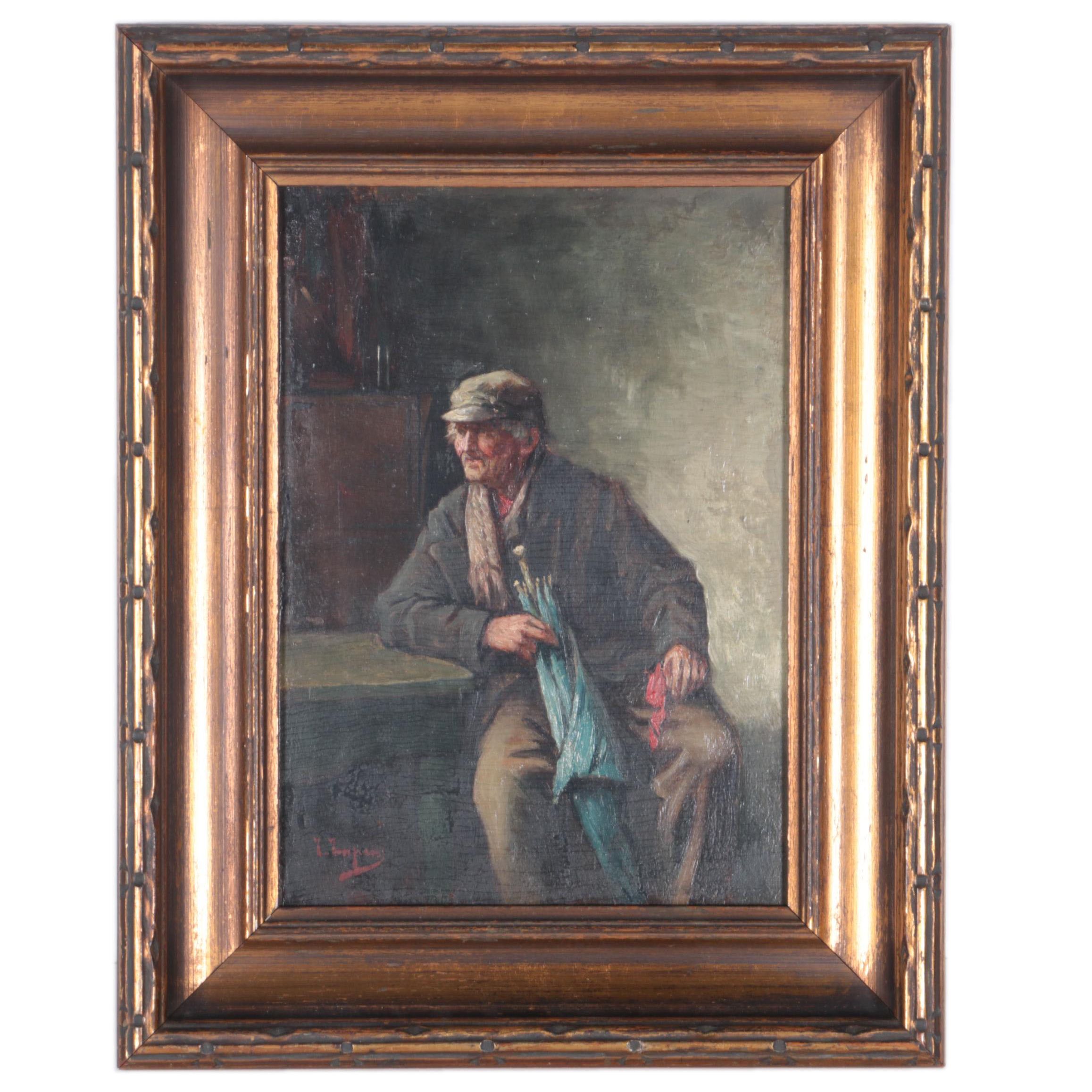 Oil Painting on Board of an Old Man Sitting at a Table
