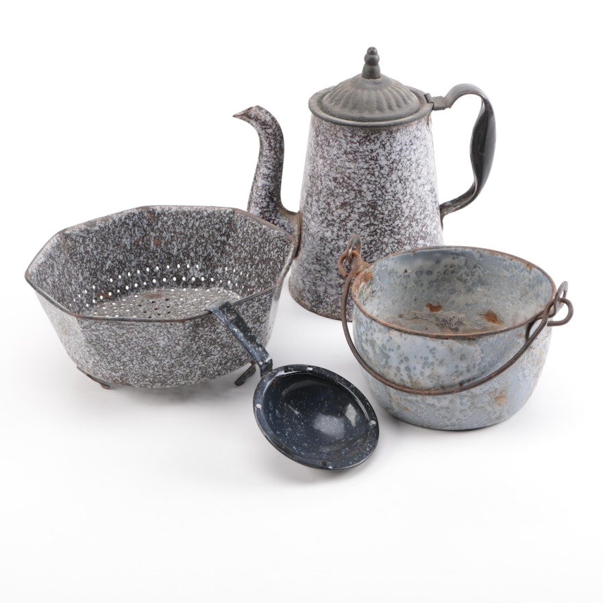 Graniteware Coffeepot, Colander, Kettle, and Egg Poacher Cup