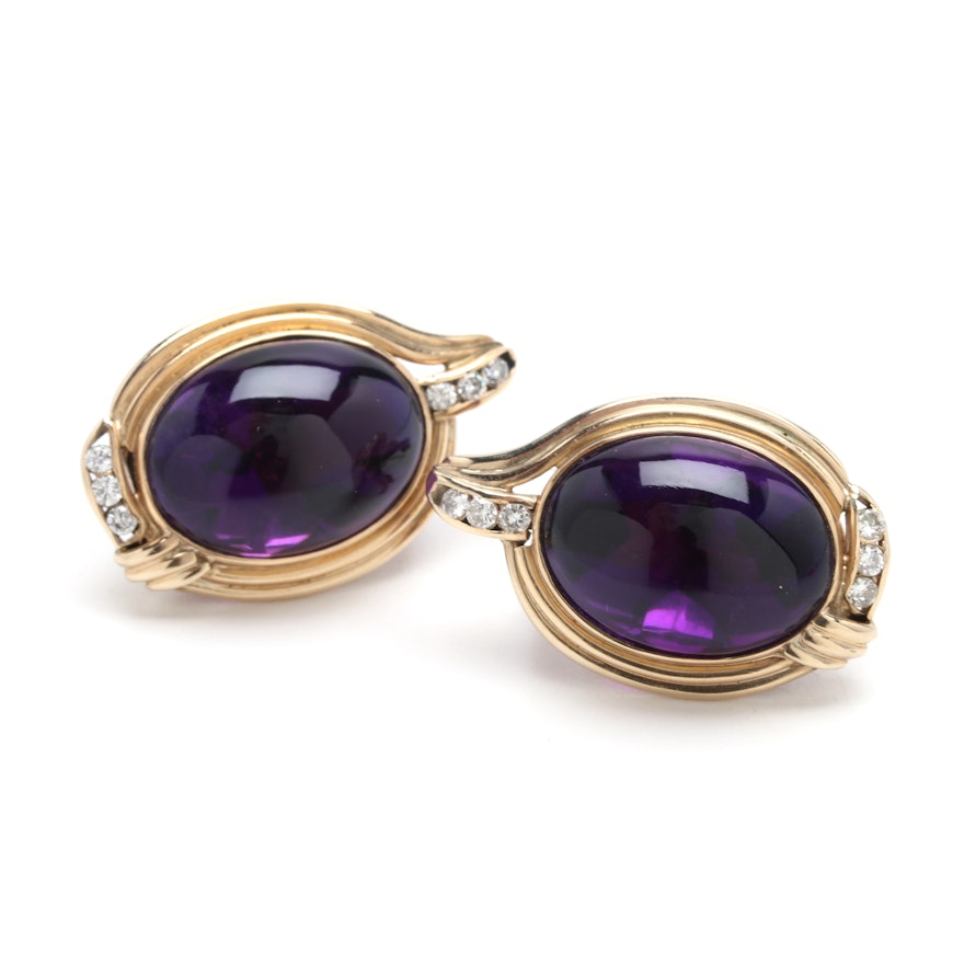 14K Yellow Gold Buff Top Amethyst and Diamond Earrings