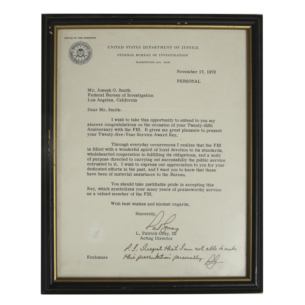 Framed 1972 Letter from Acting FBI Director and 25th Anniversary 10K Service Award Key