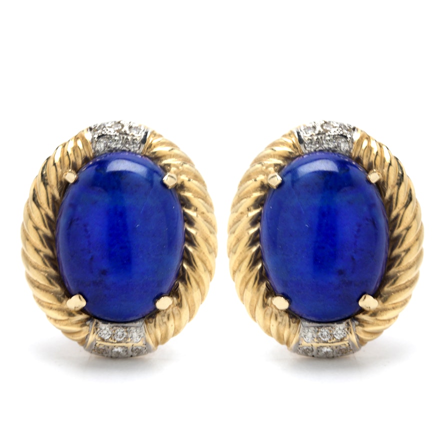 14K Yellow Gold Lapis Lazuli and Diamond Post Earrings