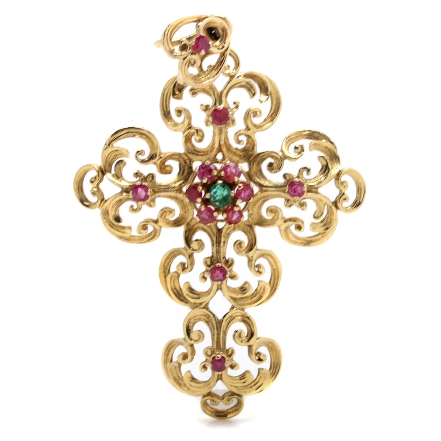 18K Yellow Gold Cross Pendant with an Emerald and Rubies