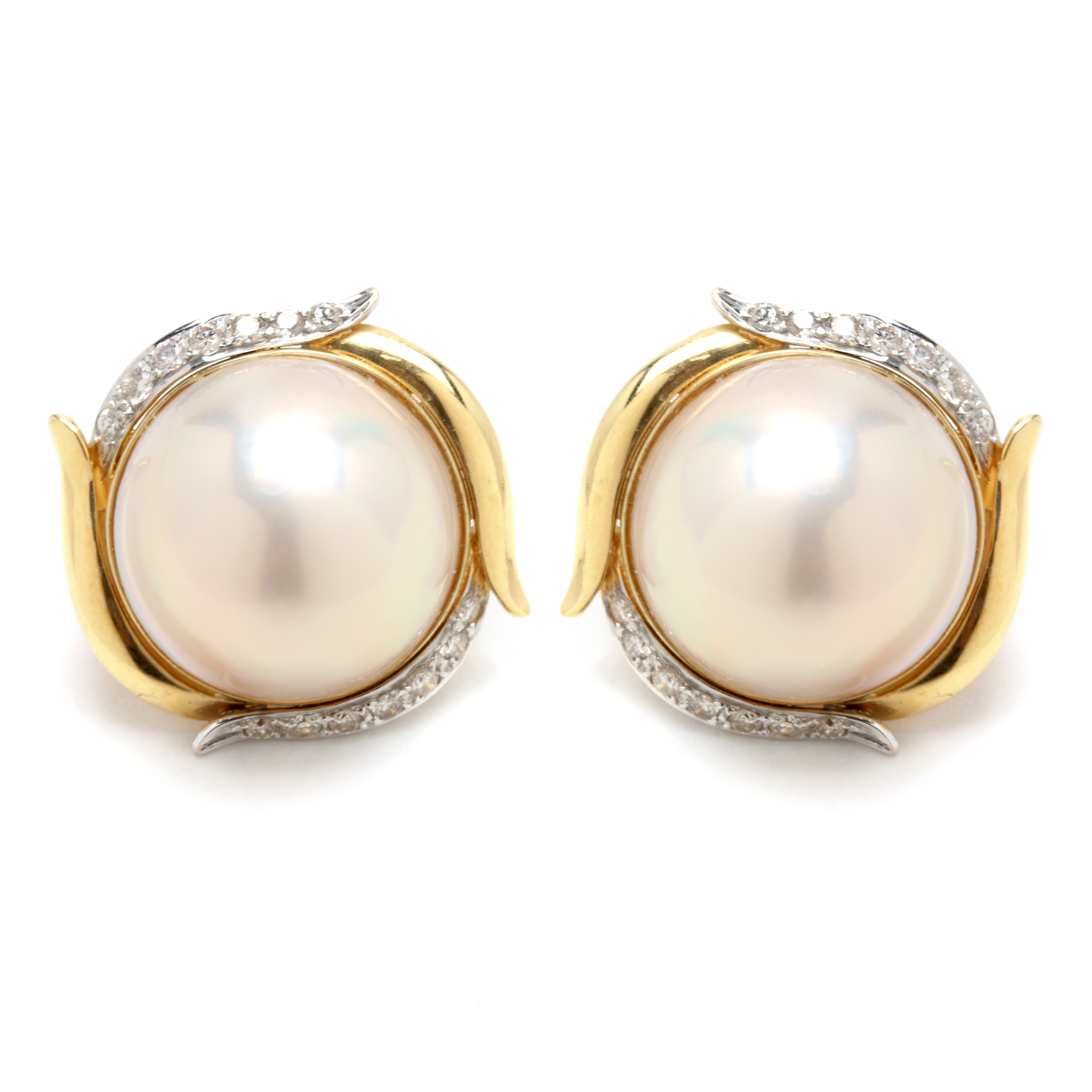 18K Yellow Gold Cultured Filled Mabe Pearl Earrings with Diamonds