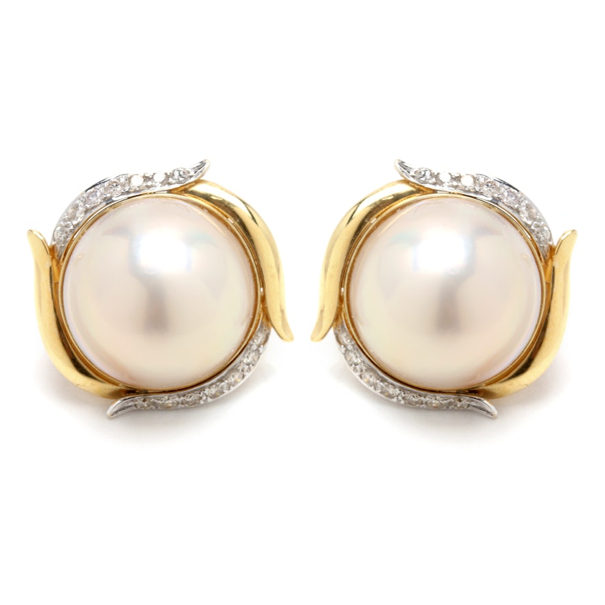 18K Yellow Gold Cultured Filled Mabe Pearl Earrings with Diamonds