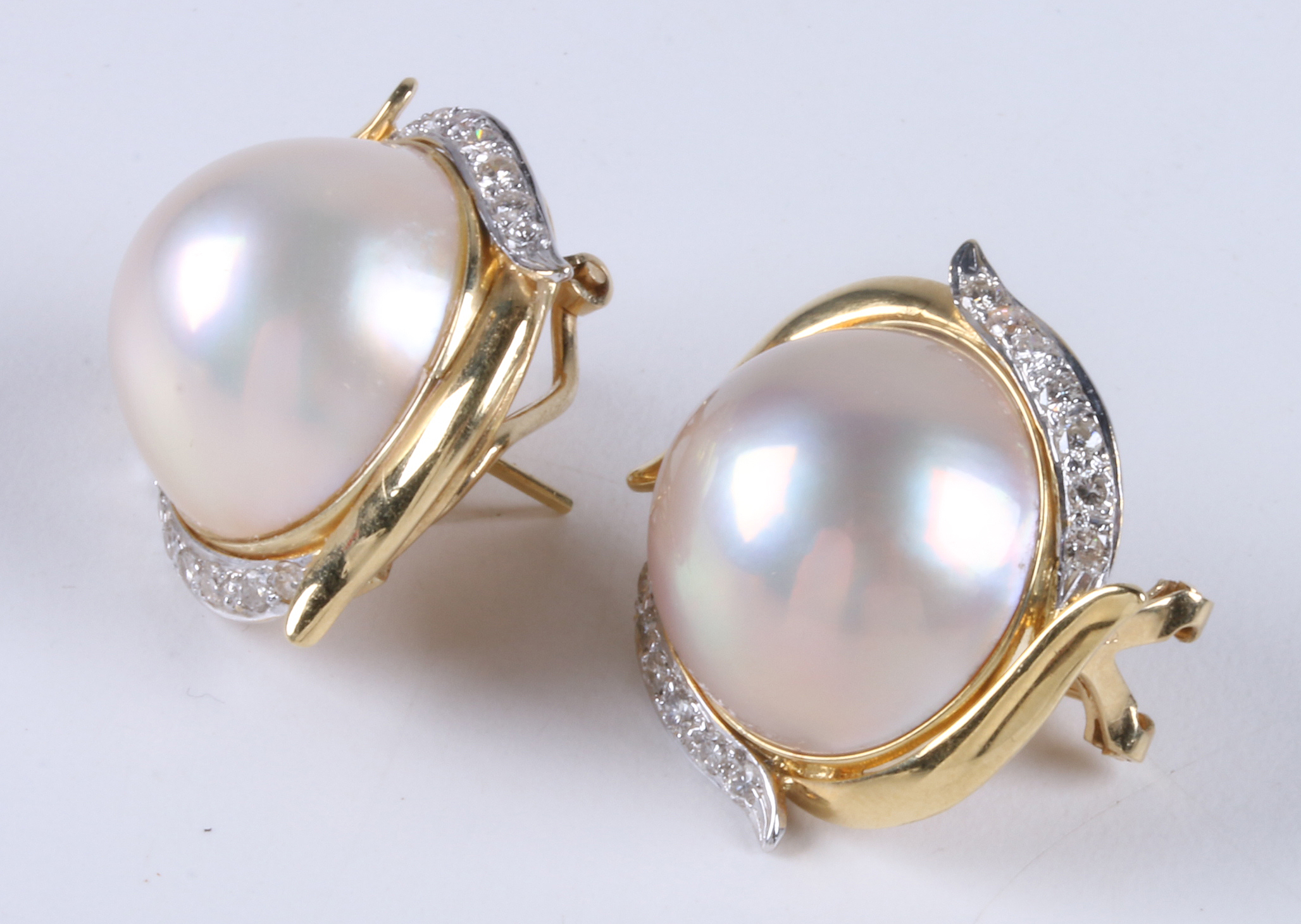 18K Yellow Gold Cultured Filled Mabe Pearl Earrings with Diamonds