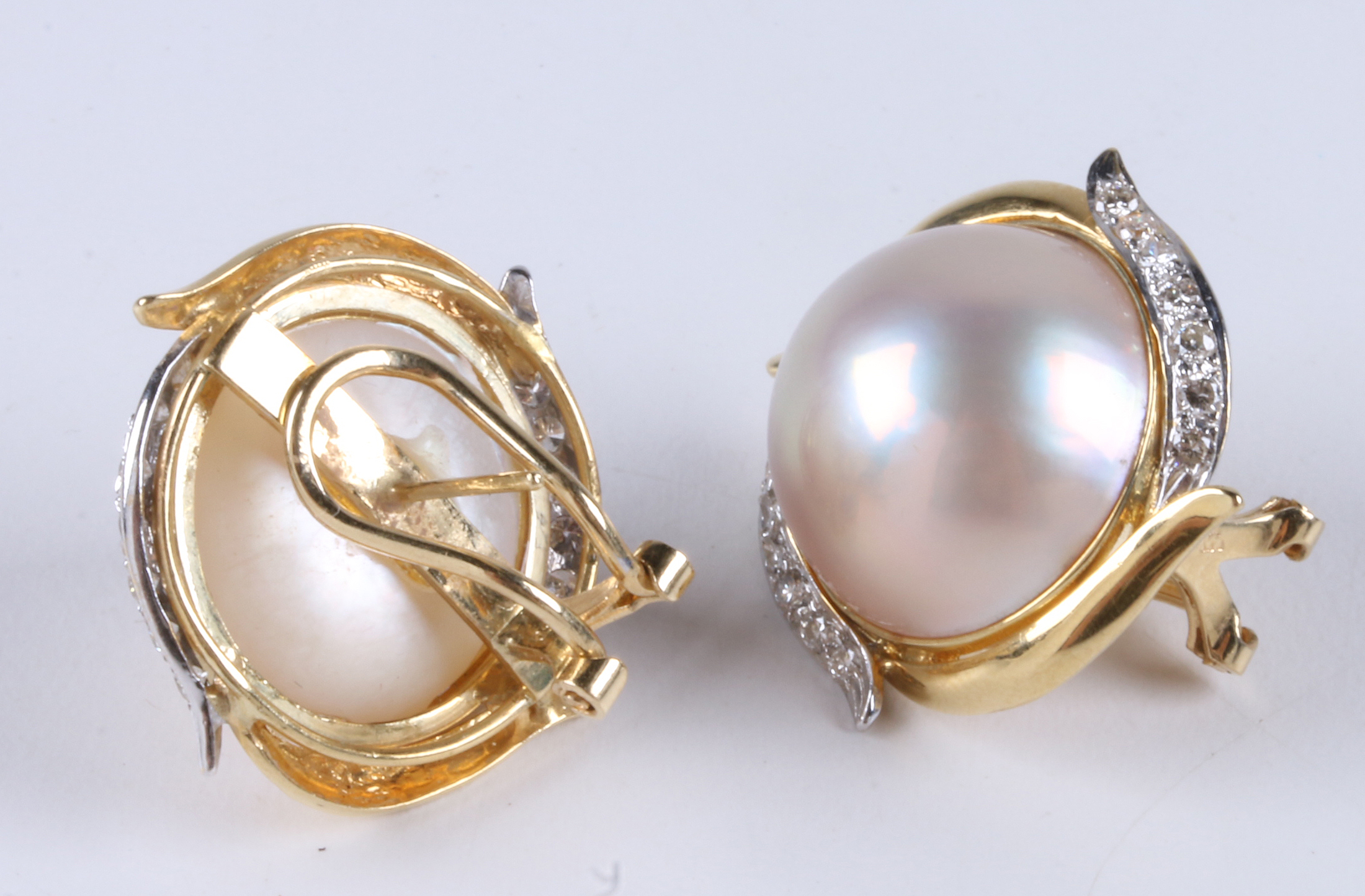 18K Yellow Gold Cultured Filled Mabe Pearl Earrings with Diamonds