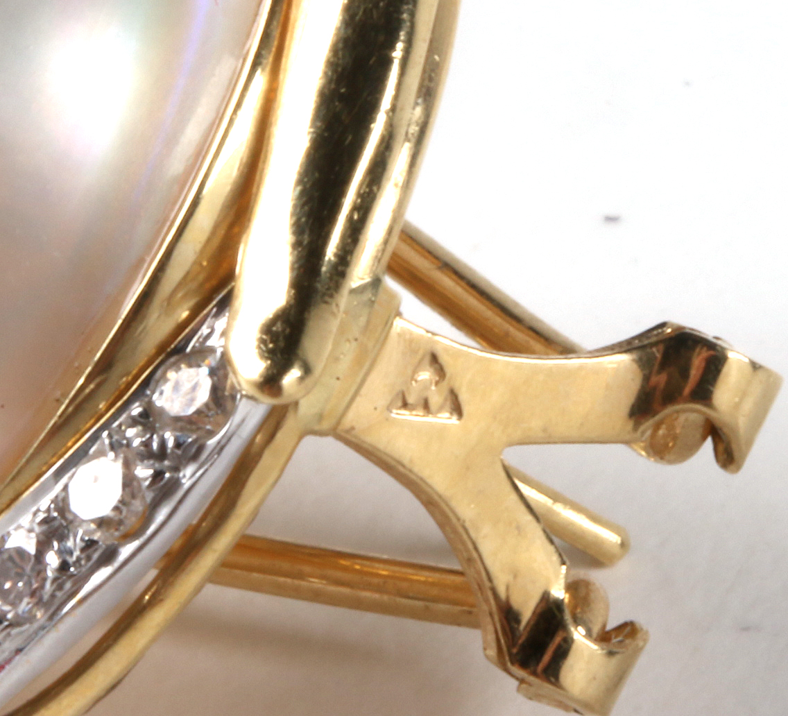 18K Yellow Gold Cultured Filled Mabe Pearl Earrings with Diamonds