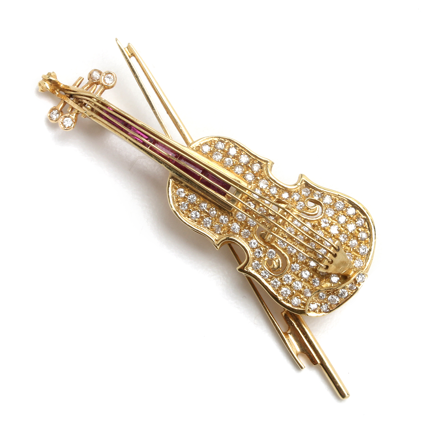 Diamond and 18K Yellow Gold Violin Brooch