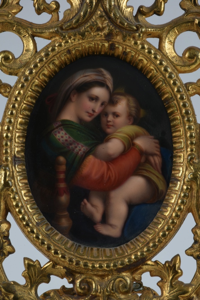German Porcelain Madonna and Child Plaque in an Ornate Frame