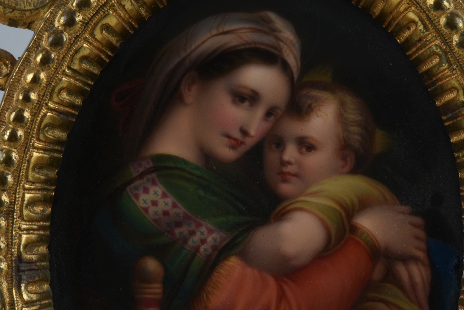 German Porcelain Madonna and Child Plaque in an Ornate Frame