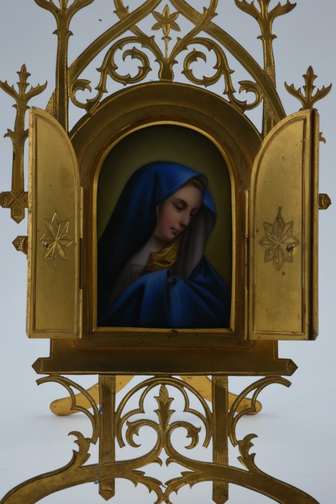 Hand Painted Porcelain Plaque of Madonna in Brass Frame