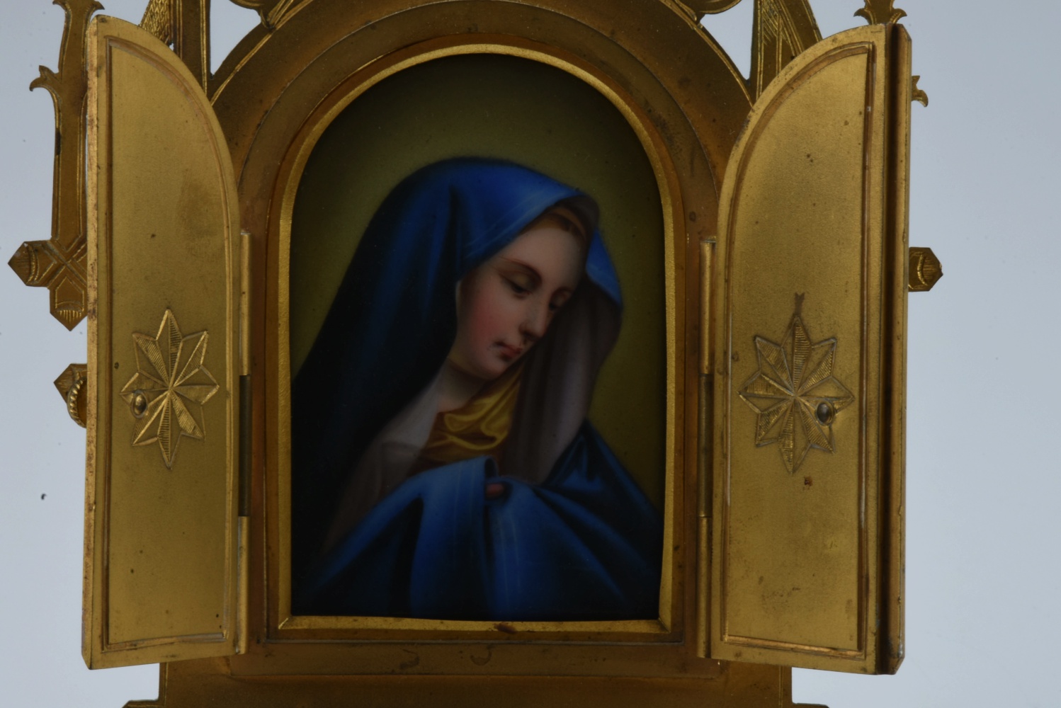 Hand Painted Porcelain Plaque of Madonna in Brass Frame