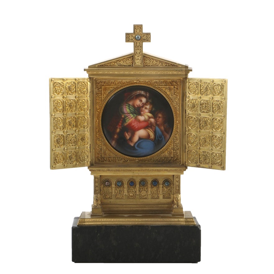 Antique Cast Brass Shrine with Porcelain Madonna and Child Plaque