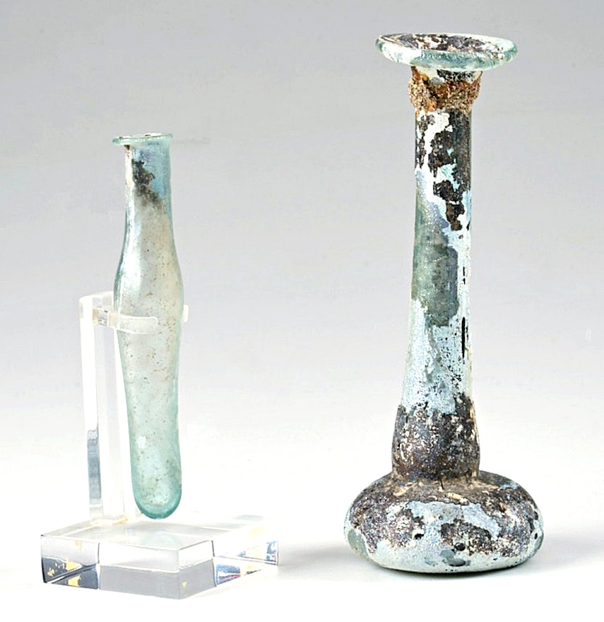 Circa 320 C.E. Roman Glass Perfume Bottle and Small Vial on Stand