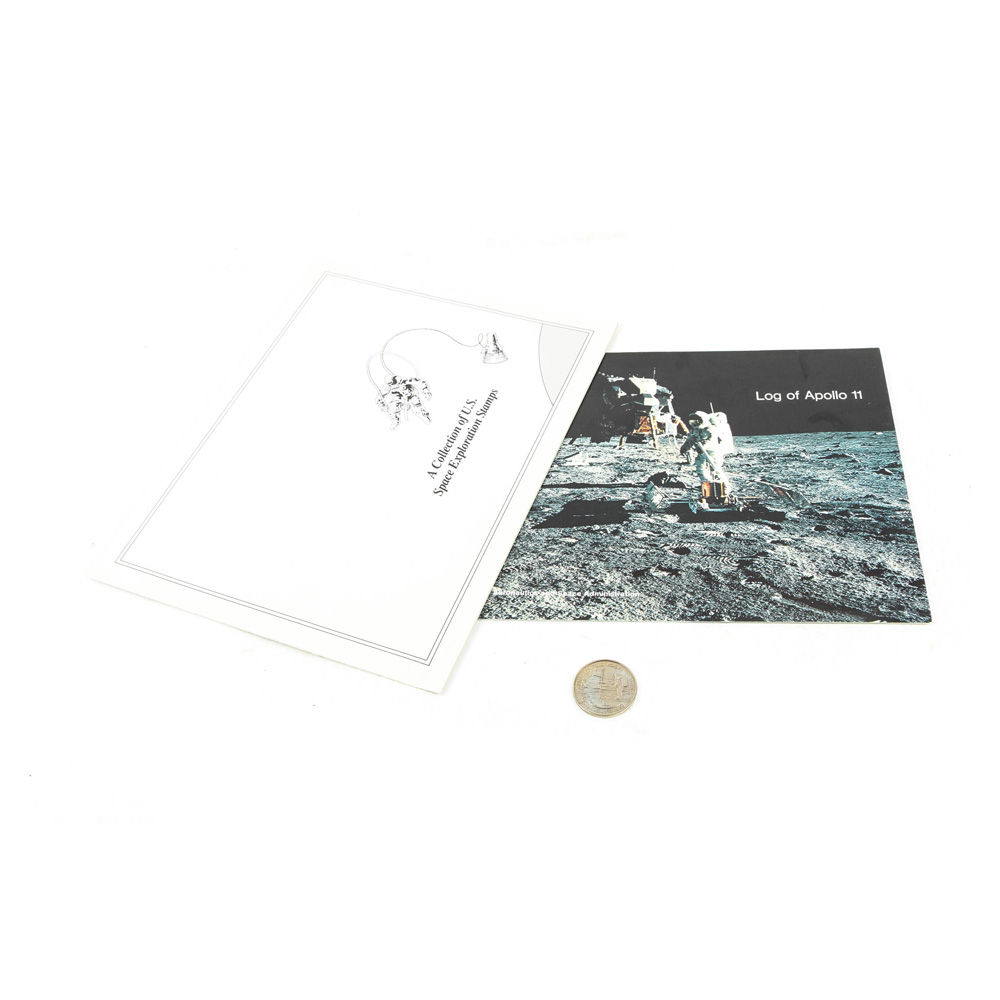 Vintage Commemorative Medallion from Apollo 11 First Moon Landing, Log Book and U.S Postage Stamps