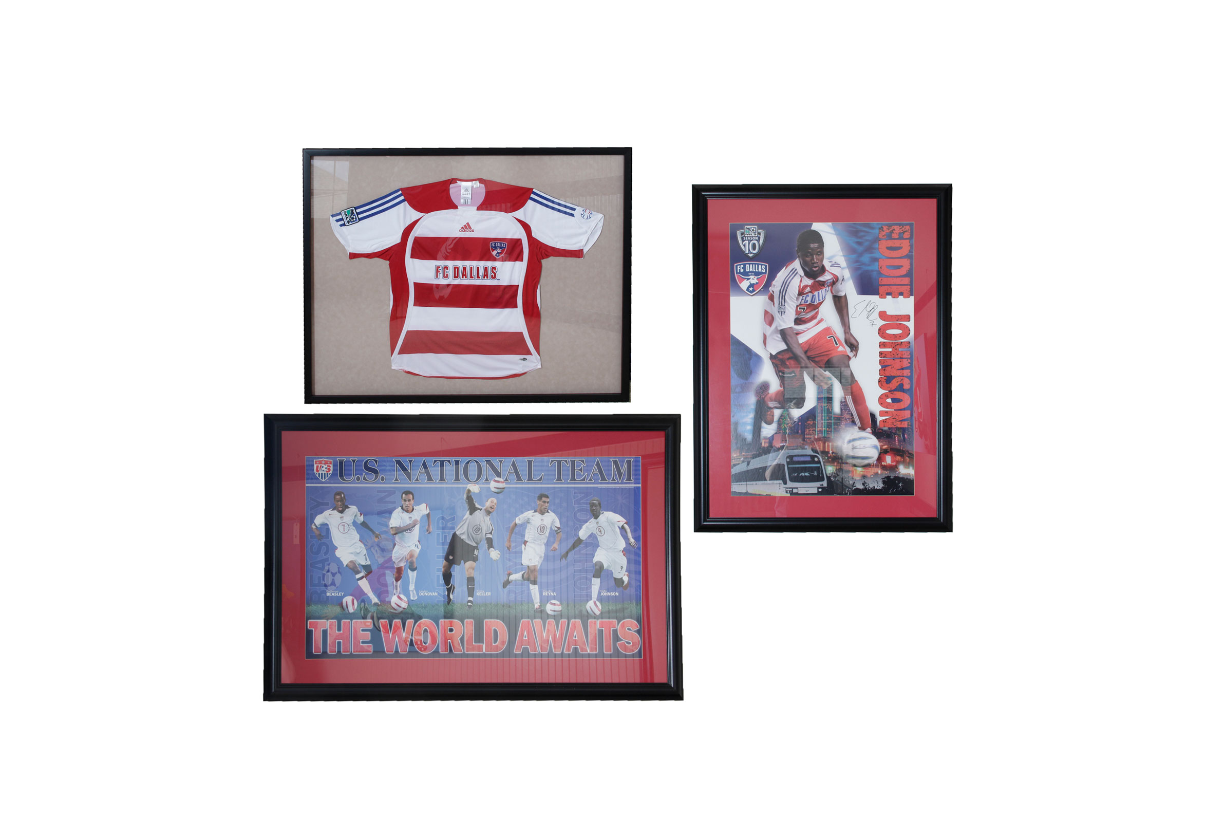 Pair of Framed Soccer Posters with an FC Dallas Jersey