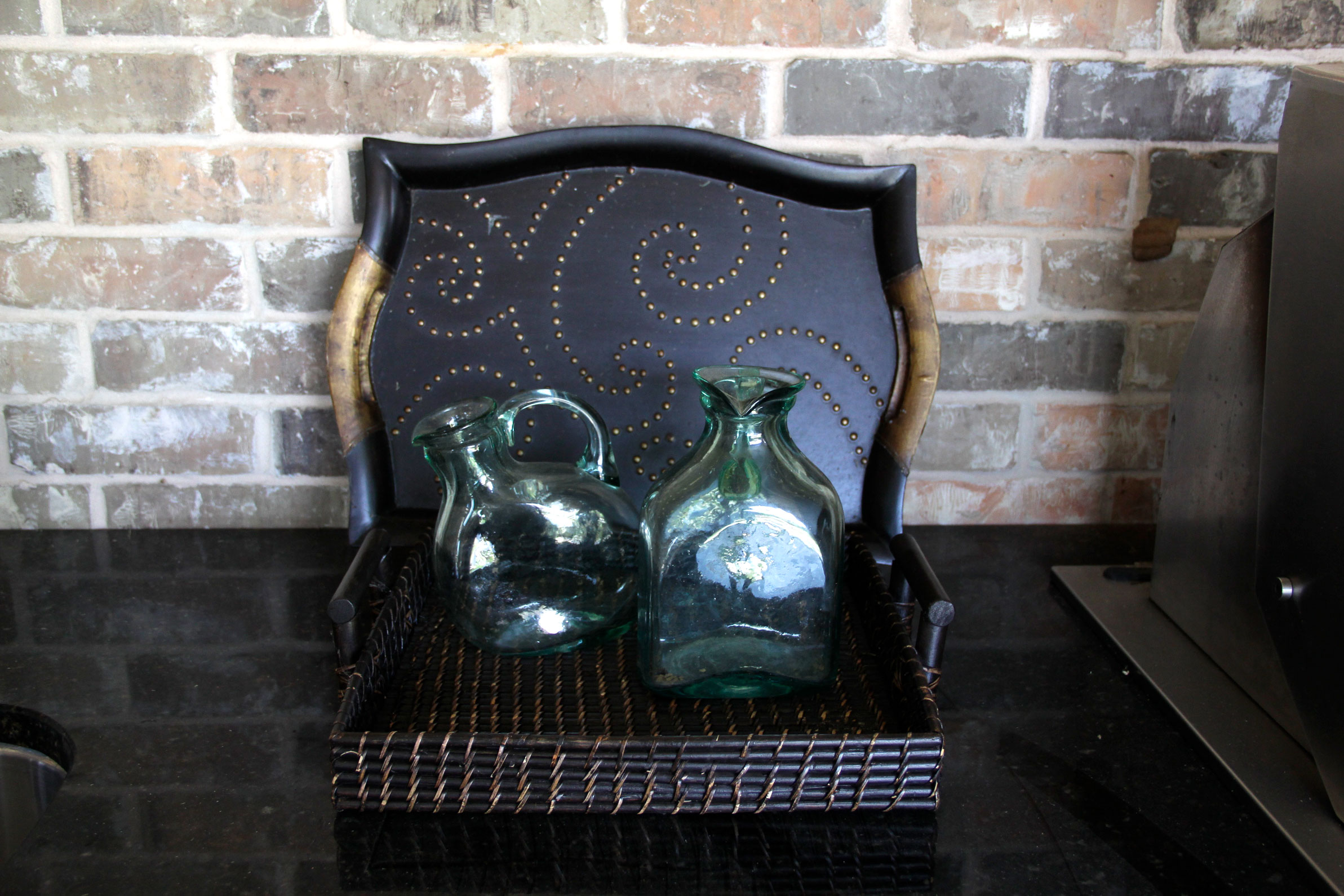 Pair of Wooden Trays and Two Glass Bottles