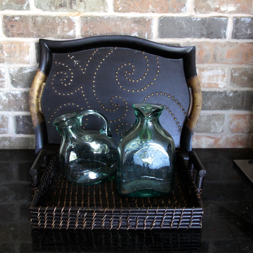 Pair of Wooden Trays and Two Glass Bottles