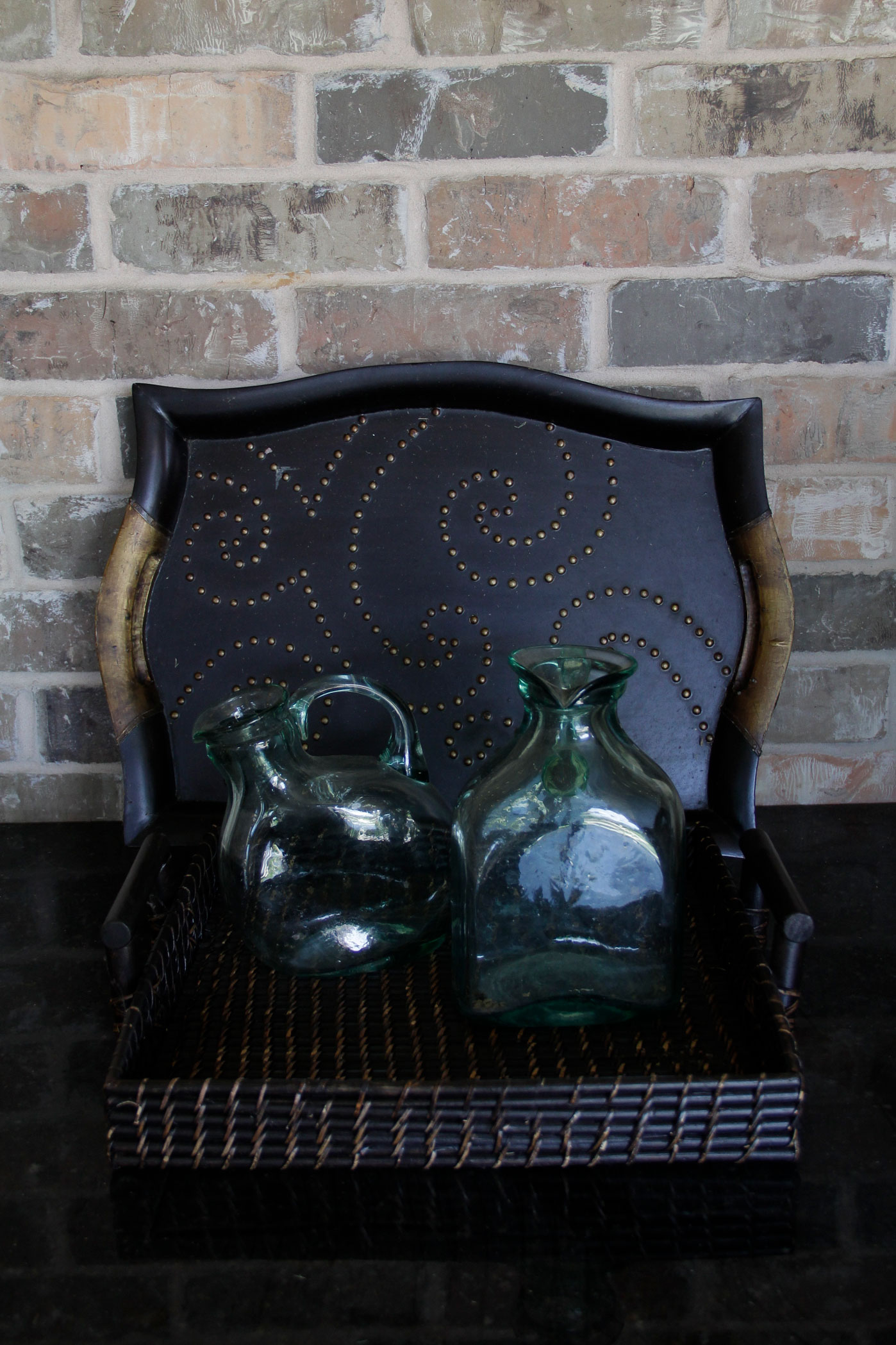 Pair of Wooden Trays and Two Glass Bottles