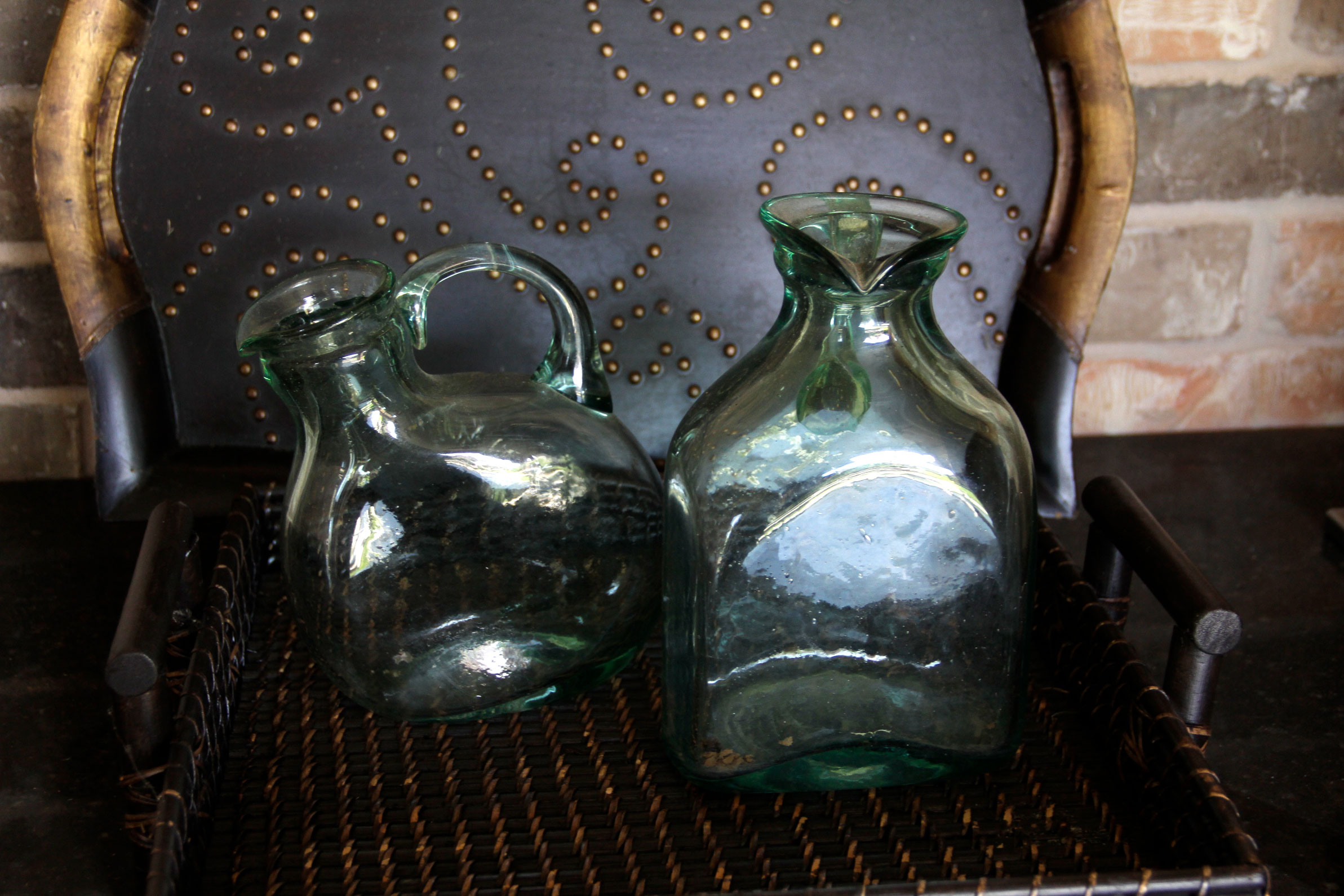Pair of Wooden Trays and Two Glass Bottles