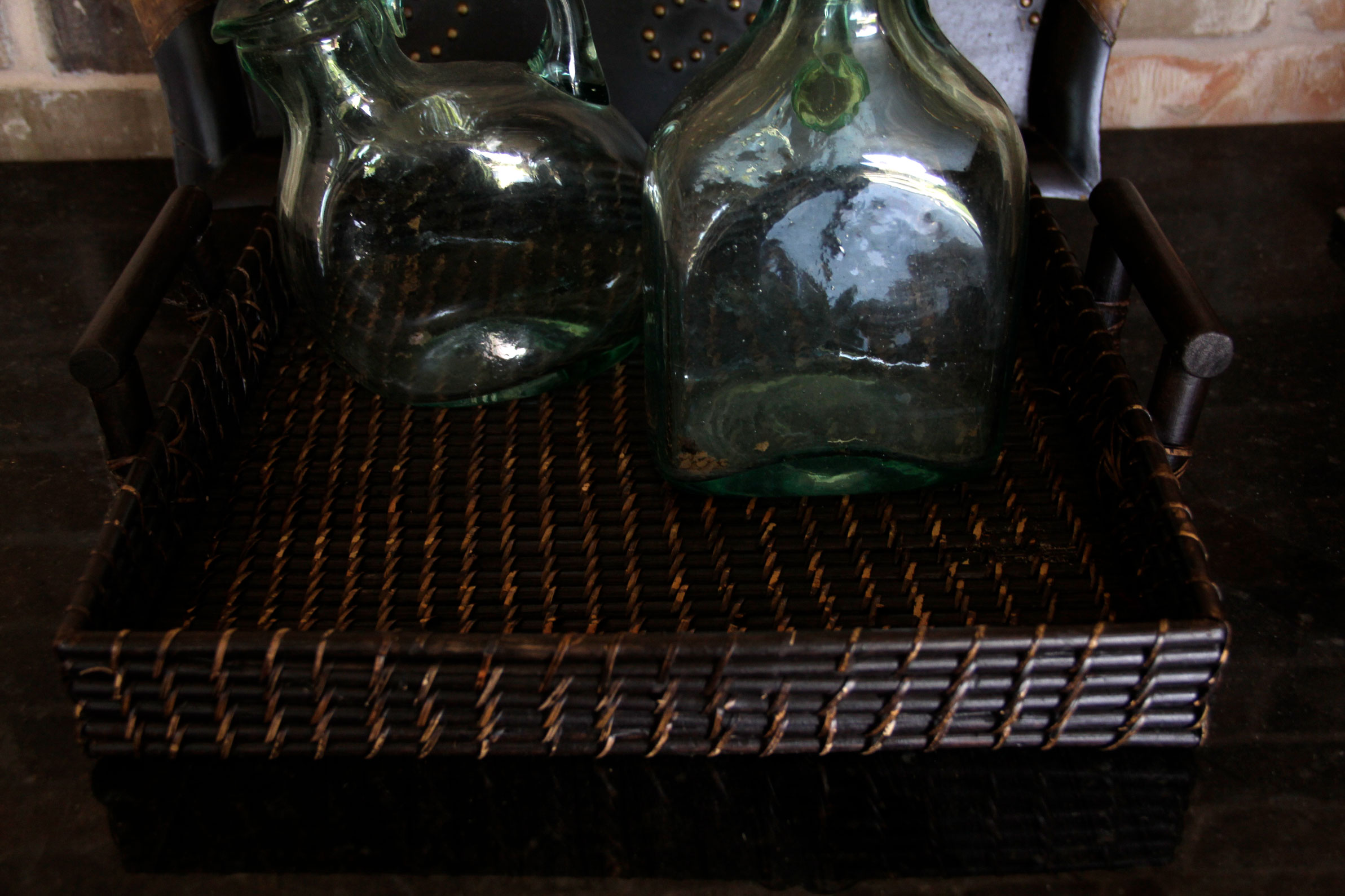 Pair of Wooden Trays and Two Glass Bottles