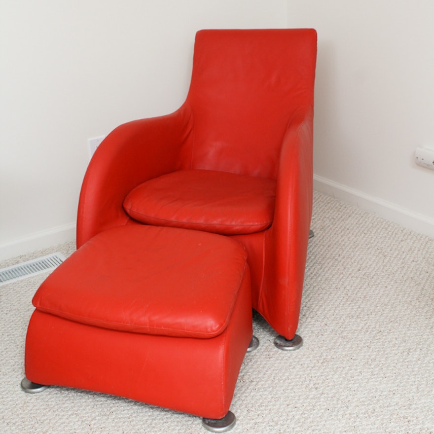 Contemporary Modernist Red Leather Chair and Ottoman