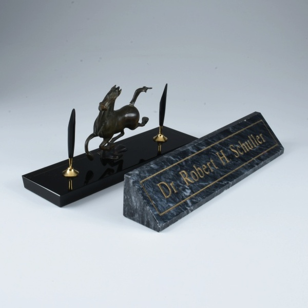 Dr. Robert Sch Marble Desk Plate and Pen Holder with Bronze Horse
