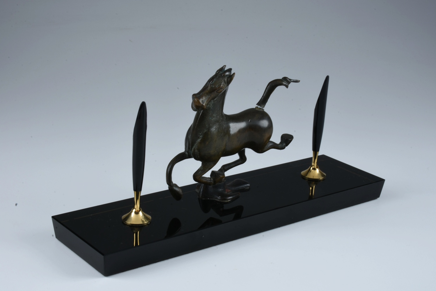 Dr. Robert Sch Marble Desk Plate and Pen Holder with Bronze Horse