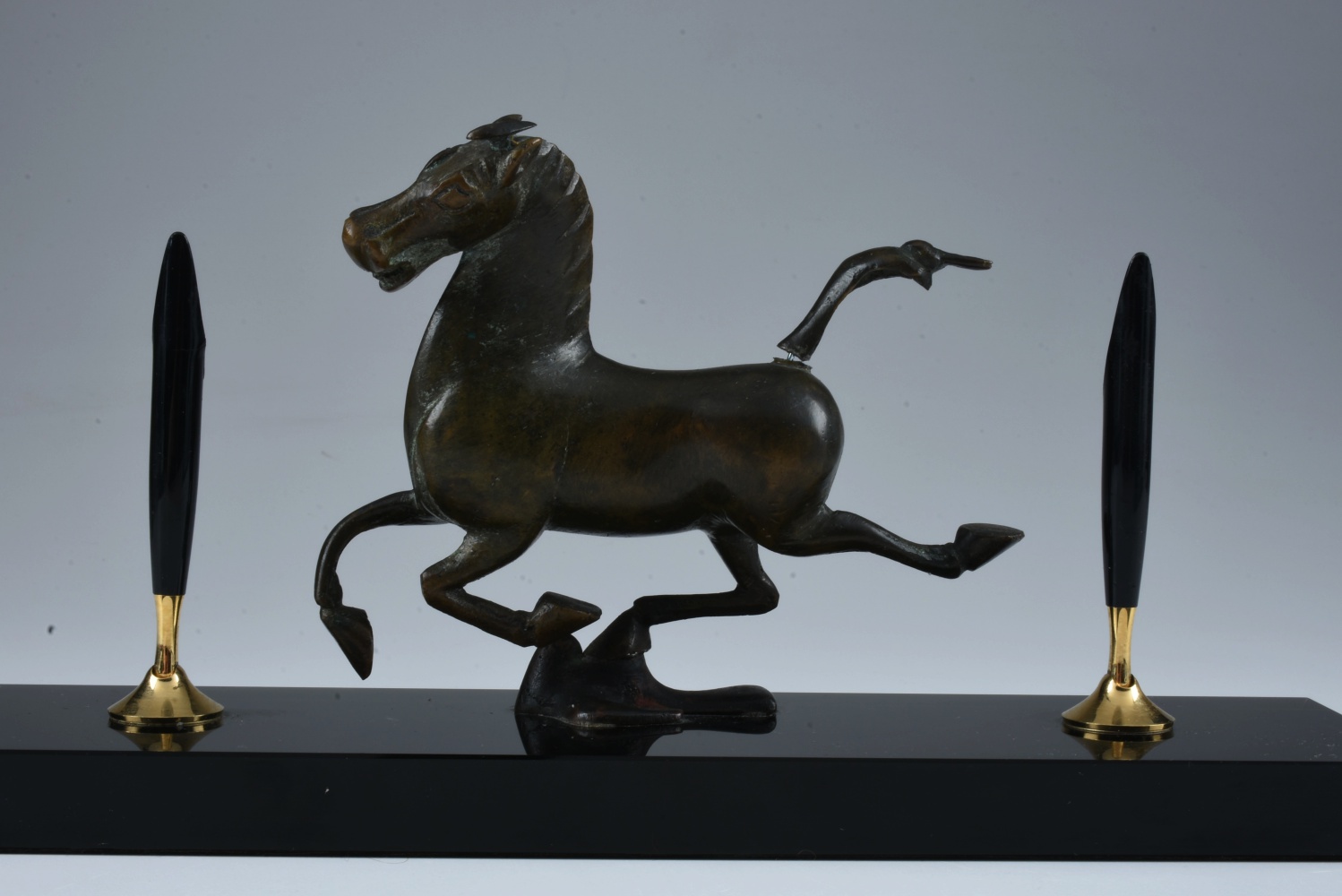 Dr. Robert Sch Marble Desk Plate and Pen Holder with Bronze Horse