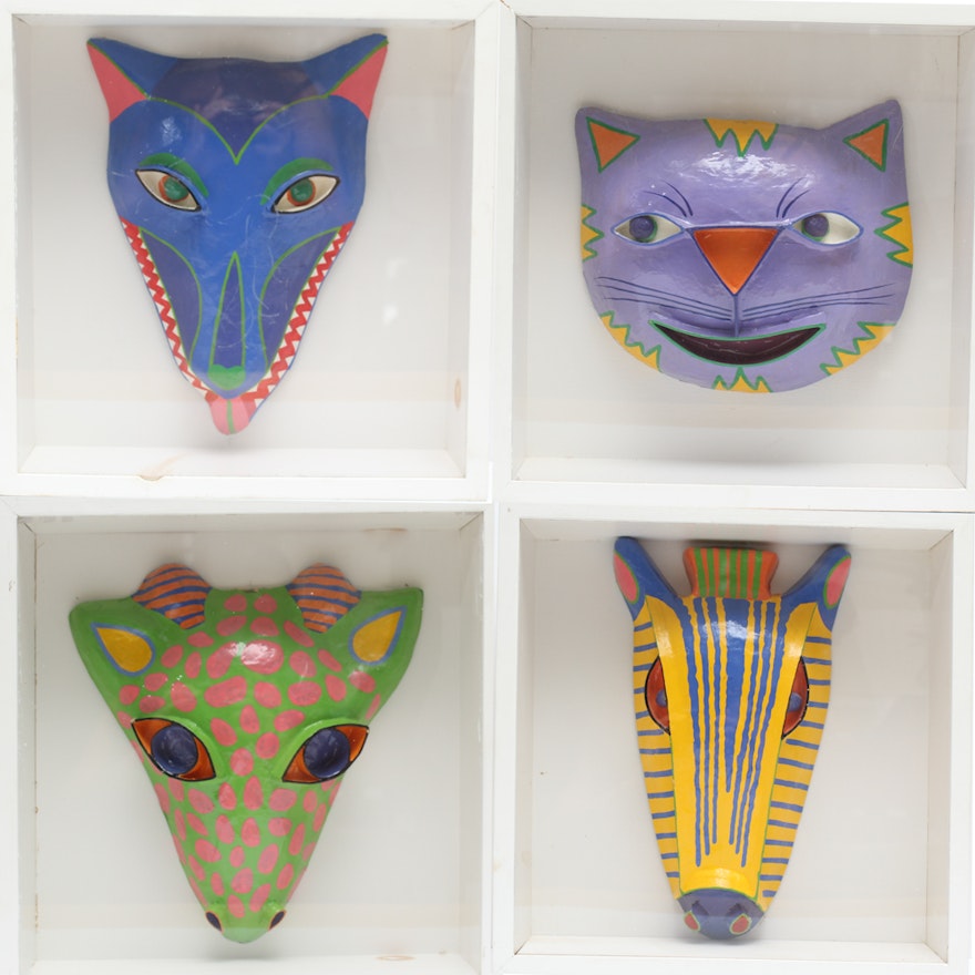 Paper Mache Masks in Shadow Box Displays